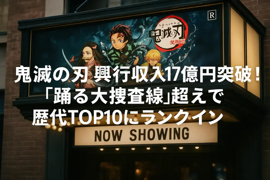映画『鬼滅の刃』が興行収入176億円を突破し、『踊る大捜査線』を超えて歴代TOP10に入ったことを伝えるニュース用画像