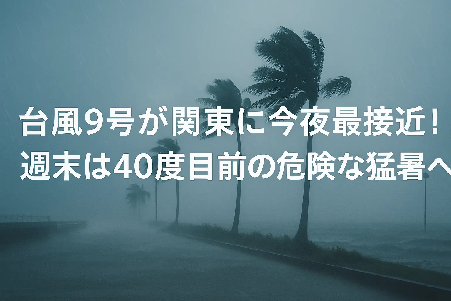 台風9号が関東に今夜最接近し、暴風や大雨に警戒が必要な状況。週末には気温40度近い危険な猛暑が予想されている様子を伝えるニュース画像